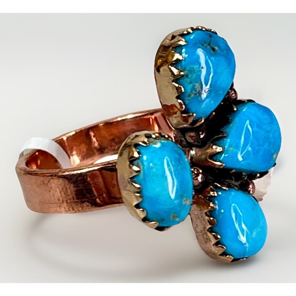 Southwestern Kingman Turquoise Copper Adjustable Bypass 4 Stone Cluster Ring - Picture 5 of 15